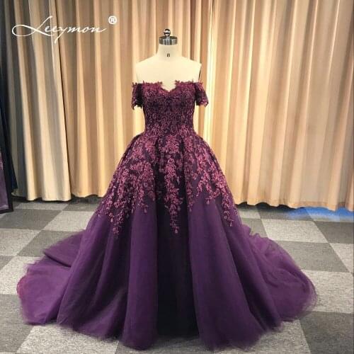 Leeymon Elegant Off Shoulder Tulle Prom Dress Lace Appliques Crystal Evening Dress2020 Ball Gown Party Dress for Wedding