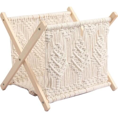 Boho Cotton Rope Woven Wooden Fodable Storage Rack Macrame Magazine Rack Small Boho Books Newspapers Holder Organizer