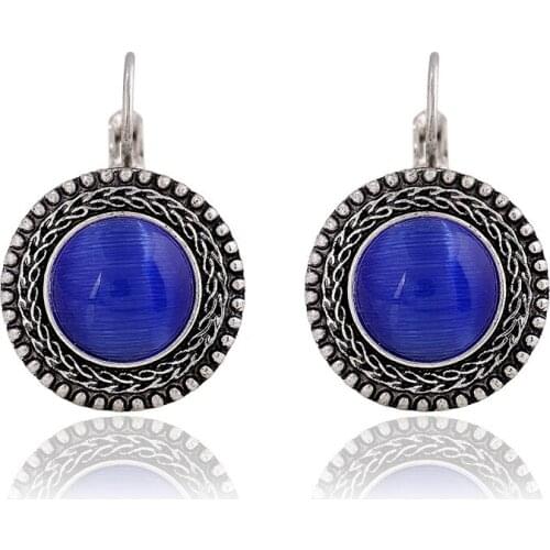 Retro Bohemia Cats Eye Stone Earring Silver Plated Women Semi Precious Stone Earring Charm Women Cocktail Party Jewelry