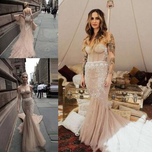 Sexy Champagne blush Lace Beach Wedding Dress 2019 Inbal Dror Vintage Bohemia Vestido De Noiva Backless Strapless Mermaid Weddin
