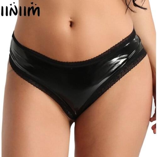 Sexy Panties for Womens Lingerie Intimates Faux Leather Open Butt Sissy See-through Floral Lace Bowknot Briefs Ladies Underwear