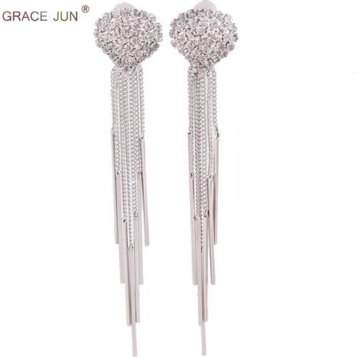GRACE JUN Top Quality Rhinestone Long Tassel Clip on Earrings No Pierced for Women Gorgeous Wedding Bridal No Hole Earrings 2018