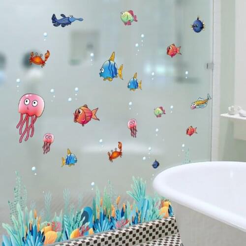 [shijuekongjian] Cartoon Fish Wall Stickers DIY Seaweed Plant Mural Decals for Kids Room Baby Bedroom Bathroom House Decoration