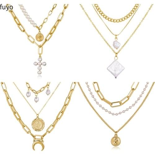 Vintage Gold Portrait Coin Pendant Necklaces For Women Bohemia Fashion Muklltilayer Imitation Pearl Long Necklace Jewelry 2019