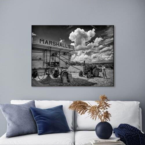 Vintage Nordic Retro Poster Home Decor Factory Machine Black and White Painting Marshall Tractor Car and Workers Hard Work Image