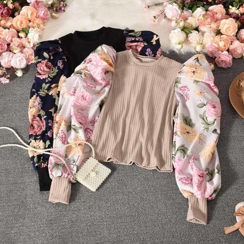 Women Autumn New Printed Bottoming Shirt Puff Sleeve Stitching Patchwork O-Neck Temperament Slim Fit Top Female Blouse