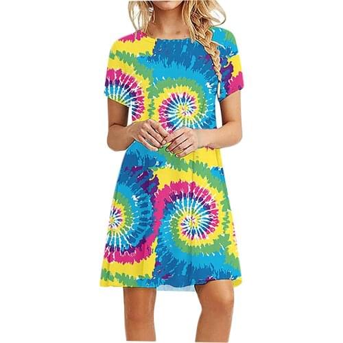 Rainbow Tie-dye Dress Women Bohemian Vintage Summer Dress Casual Short Sleeve Dresses For Women Vestido Verano Mujer Robe Femme
