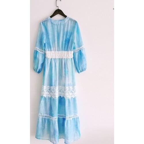 Fashion Women Runway 2021 Designer Lantern Sleeve Sky Blue Pink Lace Patchwork Ruffles Long Party Dress