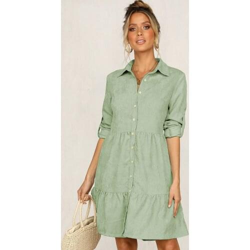 Women Shirt Dress Casual Button Turn-down Collar Long Sleeve Ruffles A-line Mini Dress 2021 Fashion Autumn Green Party Dresses