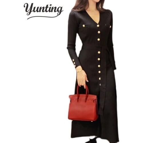 Women Knitted Dress Autumn Office Kniting Dress Casual Winter Elastic V- Neck Button Retro Sweater Dress