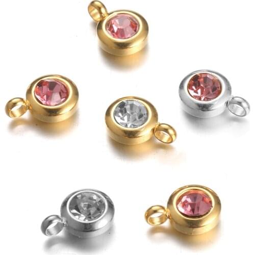 20pcs/Lot Real Stainless Steel 6mm Round Small Charms Zircon Pendants for DIY Making Necklace Bracelet Accessories