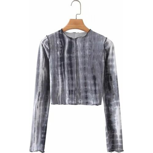 2021 Summer Women Y2K Tie dye O-Neck Long Sleeve Short T-Shirt Female Casual Slim Top Ladies Vintage Tops