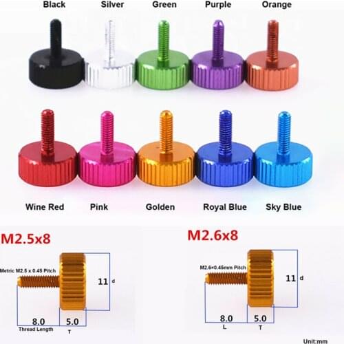 4pcs M2.5 / M2.6×8mm Colourful Aluminum Alloy Flat Head Knurled Hand Tighten Screw For RC Airplane Model Computer Case