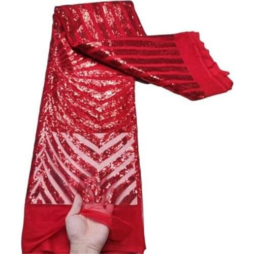 African Lace Fabric 5 Yards 2021 Red Nigerian Party Asoebi Dress Sewing Material Beaded Sequin Embroidery French Net Lace
