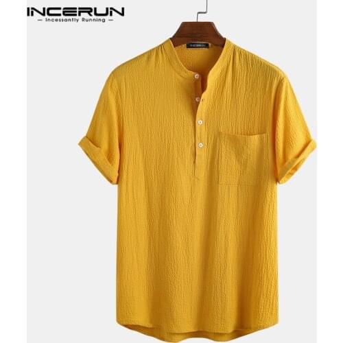 INCERUN Man Fashion Pockets Loose Blusas Summer Breathable Blouse Men Solid Color Shirts Short Sleeve Stand Color Camisa S-3XL