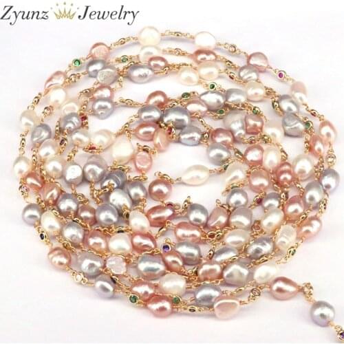 3 Meters, Fresh Water Pearl Beads Chains For Jewelry Making, Irregular Pearl Links Colorful Zircon Gold Color Rosary Chains
