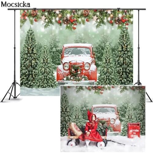 Mocsicka Christmas Photography Background Christmas Tree Red Car Backdrop Children Portrait Xmas Decoration Props Photo Studio