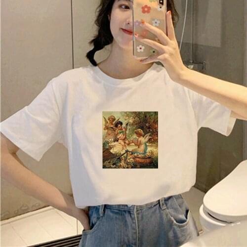 Womens T-shirt Fashion Oil Painting Print T shirt Flower Casual Graphic O-neck Vouge 90s Streetwear Ladies Girls Top