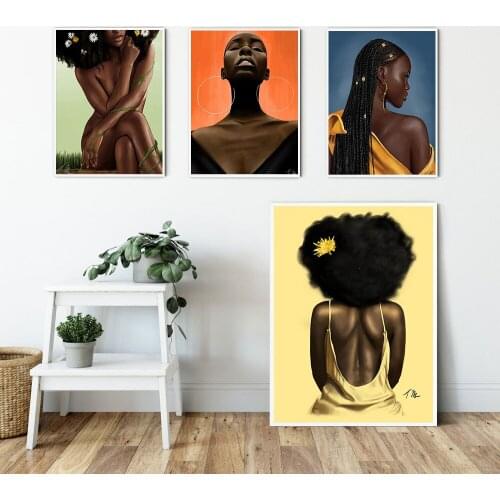 African Art Black Girl Woman Portrait Painting on Canvas Cuadros Poster and Print Scandinavian Wall Art Picture for Living Room