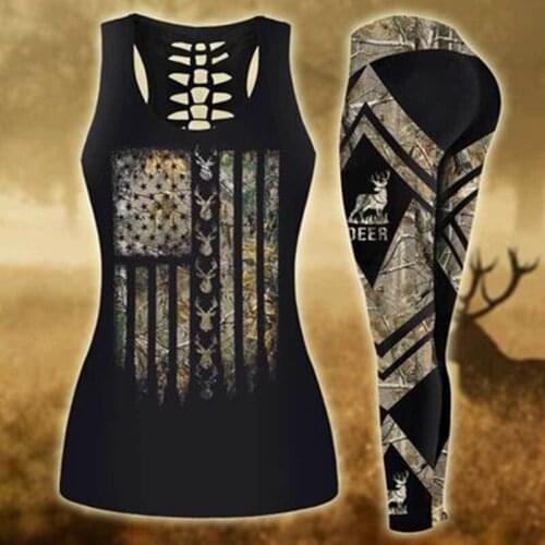 Fashion Animal Deer Hunting Summer Women Hollow Tanktop & Legging 3D Print Leisure Hipster Streetwear Female Sexy Vest Clothes