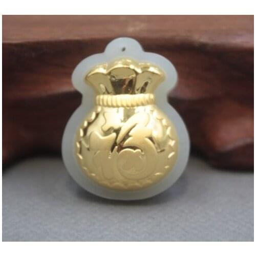 Natural Hetian Jade Nephrite with 24K Gold Charming Fu Bag Pendant 32mm H
