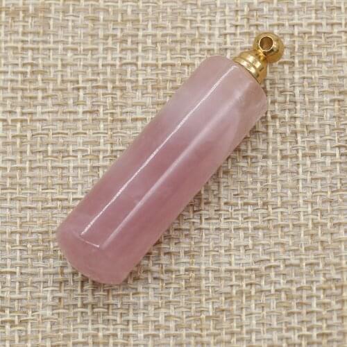 Natural Rose Quartzs Perfume Bottle Pendant Cylindrical Shape Oil Diffuser Pendant Charms for Making Necklace Gift 12x45mm