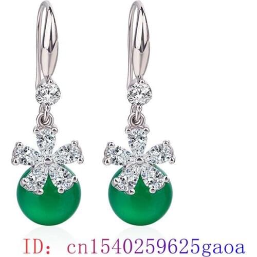 Jade Bead Earring Gifts Green Natural Chalcedony Women Amulet Fashion Jewelry 925 Silver