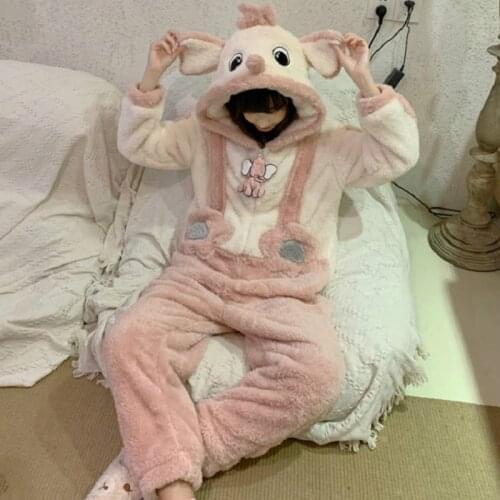 Autumn Winter Women Cute Onesies Pajamas Cartoon Elephant Ears Hooded Sleepwear Coral Fleece Lady Home Clothes Sweet Pyjamas