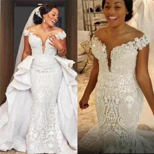 Spark Mermaid Wedding Dresses Detachable Train African Lace Country Garden Boho Bridal Gowns Off The Shoulder Detachable