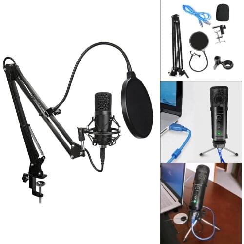 USB Condenser Microphone Set Adjustable Volume Headphone Monitoring Reverberation Noise Reduction No Sound Card Required