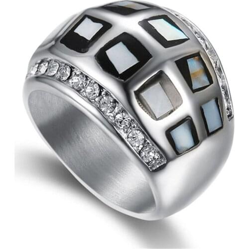 Hip Hop Iced Out Shell Ring Silver Color Stainless Steel Zirconia Exaggerated Fashion Rings For Women Party Jewelry Dropshipping