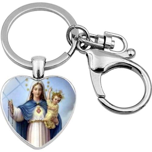 WG 1pc Virgin Mary Jesus Gem&stone Heart Key Chain Keyring Pendant Metal Cabochon Key Ring For Women Bag Accessories