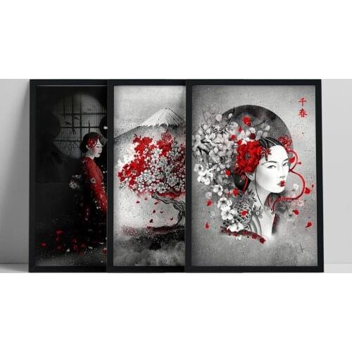 Japanese Geisha Cherry Tree Mount Fuji Canvas Painting Wall Art Poster And Prints Samurai Picture For Living Room Decoration