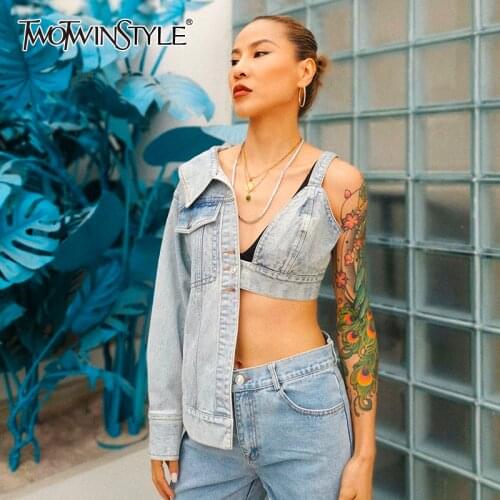 TWOTWINSTYLE Patchwork Asymmetrical Women Coat V Neck Long Sleeve Tunic Streetwear Style Irregular Jakcet Female Fashion Tide