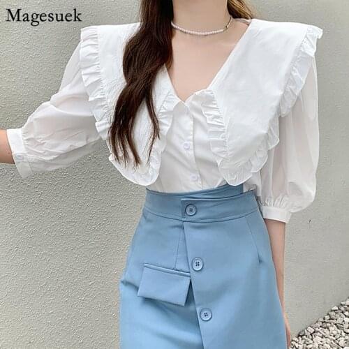 Summer Cotton Womens Shirts Loose Puff Sleeve Ladies Tops Ruffles Turn-dwon Collar White Blouse Women Clothing 2021 New 15720