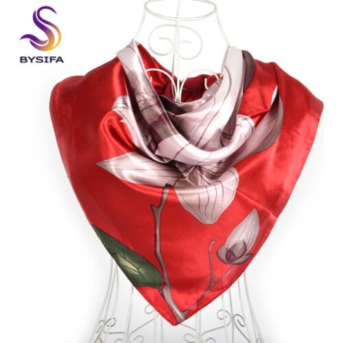 [BYSIFA] Hijab Scarf Women Purple Pink Silk Scarf Shawl New Floral Design Winter Square Scarves Spring Fall Muslim Head Scarves