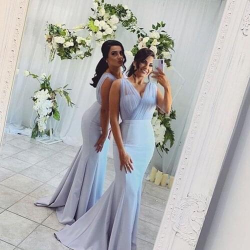 2021 Sexy Mermaid Long Bridesmaid Dresses платье V-neck Light Blue Satin Tulle Women Wedding Guest Prom Party Dress Vestidos