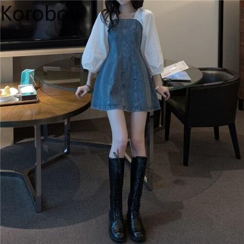 Korobov Autumn Square Collar Puff Sleeve Women Denim Dress 2020 Korean High Waist Patchwork Dresses Preppy Style Vestidos