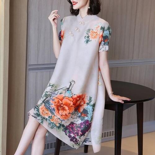 Vintage Dress Summer Women Flower Print Stand Collar Short Sleeve Miyake Pleated Loose Chinese Style Dress For Women 45-75kg