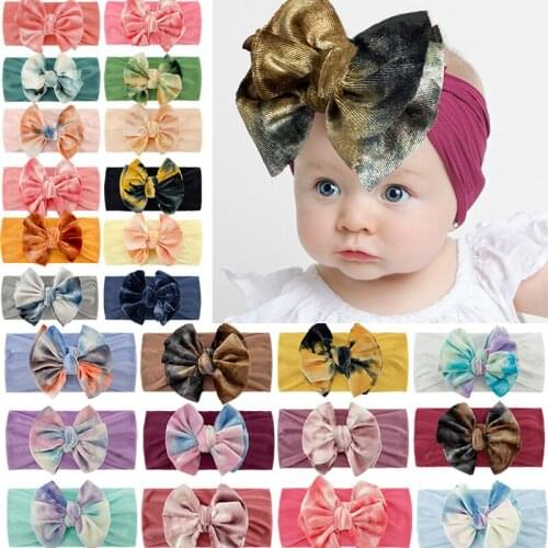 Golden Velvet Big Bowknot Baby Head Band Princess Soft Nylon Elastic Newborn Toddler Hair Band Tie Dye Infant Girls Headwear