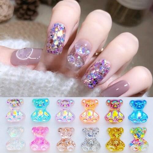 6/10/50pcs 3D Crystal Bear Nail Art Rhinestone Accessories Aurora Crystal Gems Manicure Candy Color Bear Nail Art Decorations