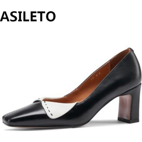 ASILETO New 2021 Ladies Pumps Square Toe 6.5cm Block Heels Genuine Leather Student Stylish Breathable Big Size 43 Summer A3469
