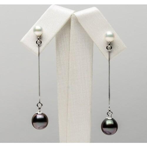 Free Shipping AAA 8.9mm Black Green Genuine Tahitian Pearl Long Drop Earrings 14k White Gold