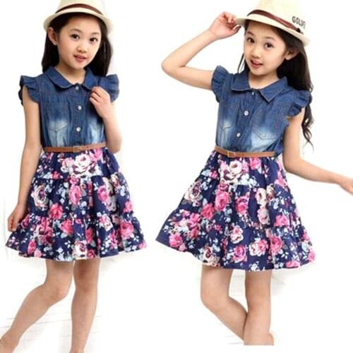 Childrens Dress Girls Party Dress Childrens Clothing Summer 2019 New Girl Short-sleeved Jeans Floral Chiffon Dress Girls Dress