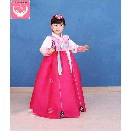 Girl Hanbok Embroidery Children Korean Dress Long Sleeve Costume Ethnic Dance Traditional Cute Cosplay Tailored + Free Shipping