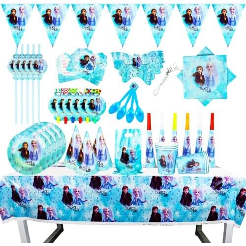 Disney Frozen 2 Kids Birthday Party Balloon High Quality Paper Cups Plates Flag Bags Tablecloth Baby Shower Decorations Supplies