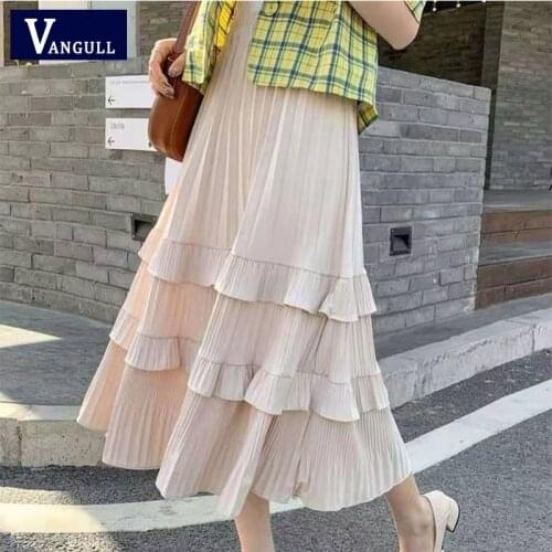 Vangull Elegant Casual Pleated Cake Mid-length High Waist 2021 Summer New Covering The Hips And Thin White A-line Women Skirt