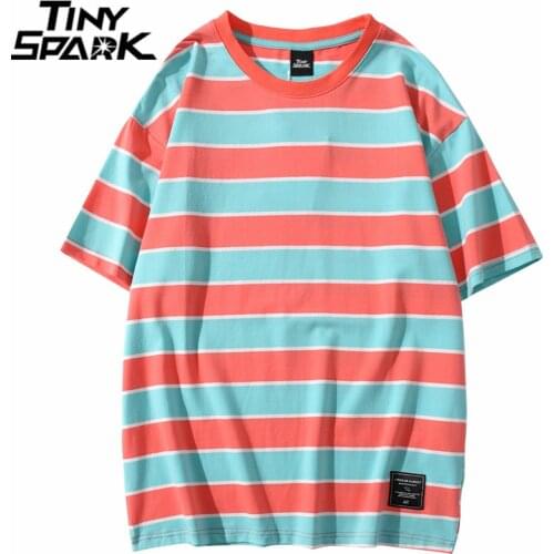 Harajuku T Shirt Retro Stripe Men 2021 Streetwear Hip Hop Tshirt Short Sleeve Cotton T-Shirt Fashion Tops Tees Yellow Red Green