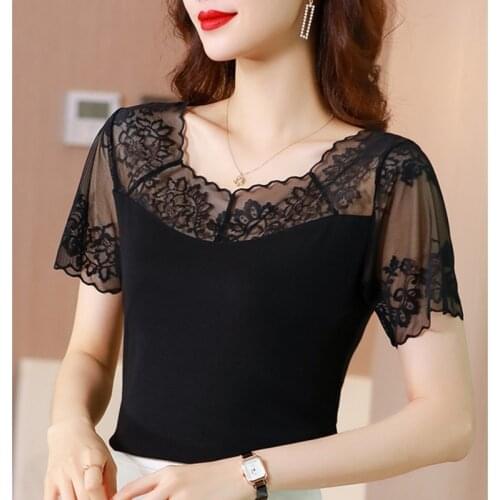 Summer Korean Fashion Lace T-shirts for Women Short Sleeve Vintage Tops for Women Loose Black Office Lady Shirts
