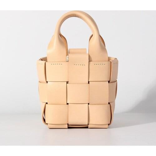Classic Women Genuine Leather Handbag Knitted Small Soft Bucket Bags